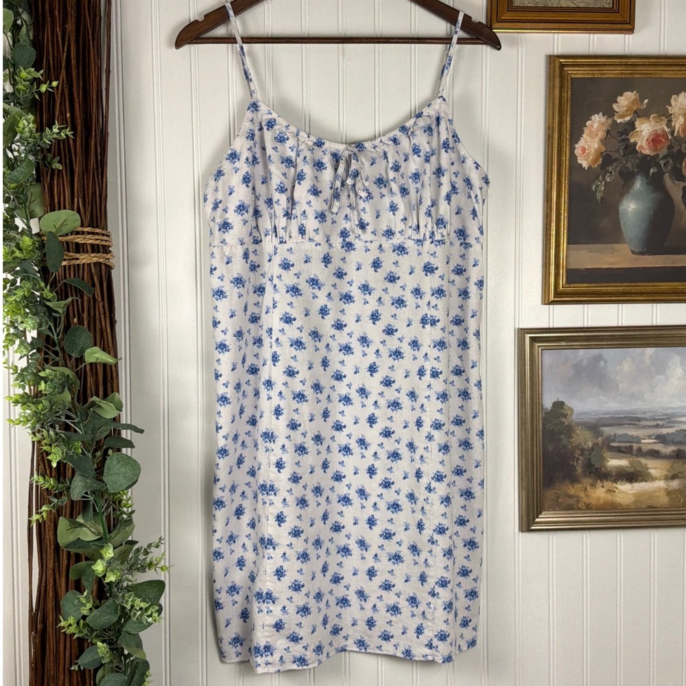 Primark Sundress Womens 16 White Blue Excellent Linen Blend Floral Smocked